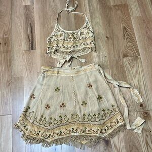 Boho hippie Embroidered Tan Skirt Set Medium, hippie,